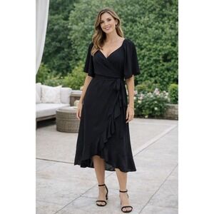 Women's Black Midi Wrap Dress Deep V-Neck Ruffle Hem Short Sleeve Large NWT